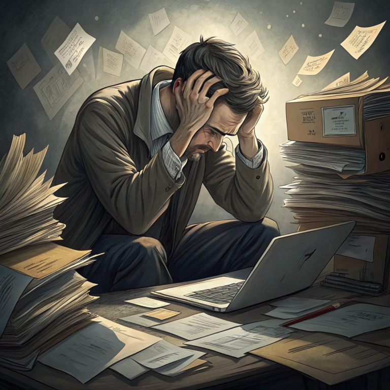 a-man-sits-in-a-mess-of-papers-and-folders-holding